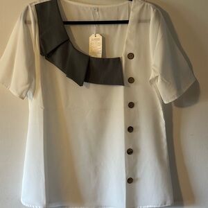 Chic White and Gray Women's Blouse with Button Accents